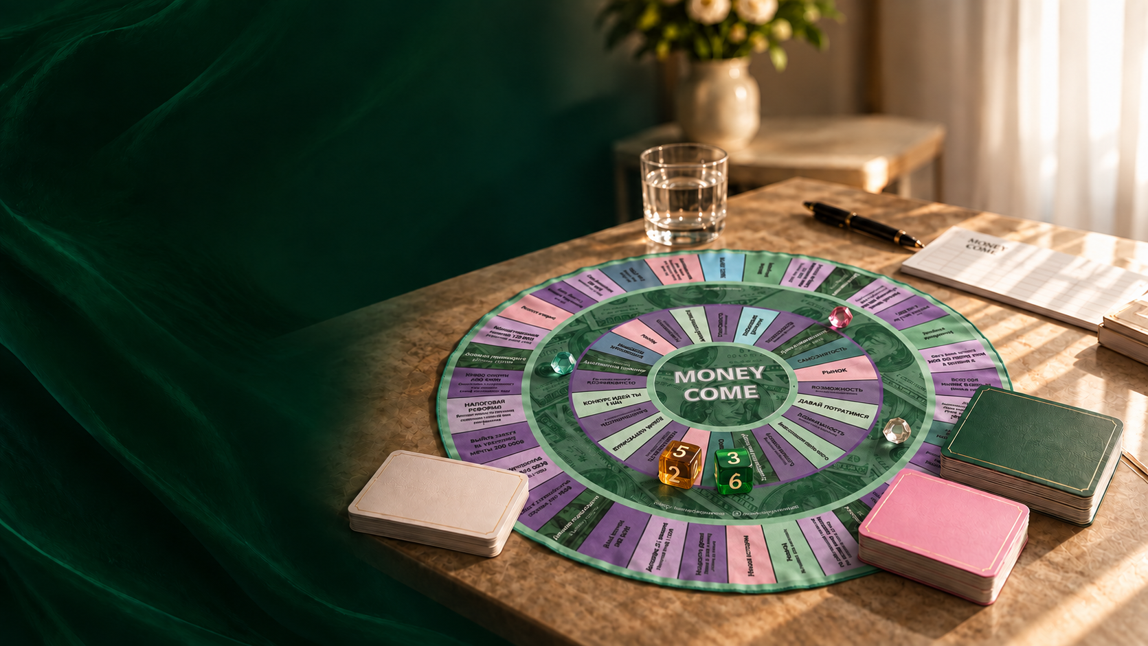 Игровое поле Money Come в оформленной сцене на столе