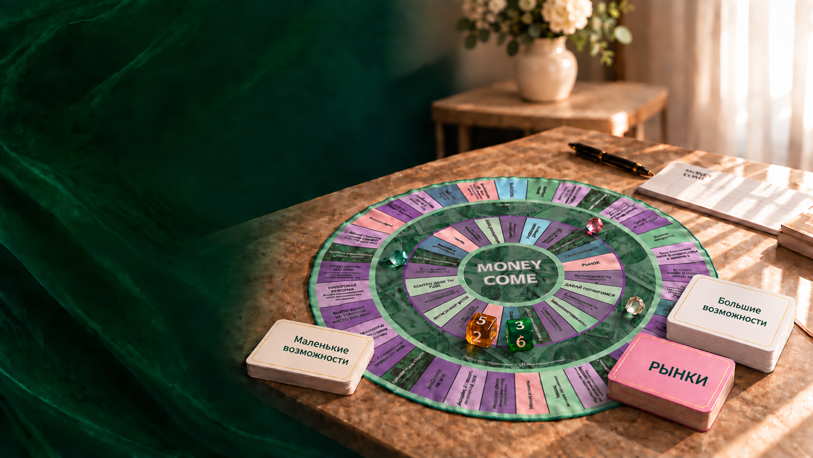 Игровое поле Money Come в оформленной сцене на столе